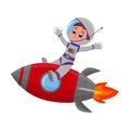 Cute Happy Kid Astronaut Character in Space Suit Riding Rocket, Boy Dreaming of Becoming an Astronaut Cartoon Style Royalty Free Stock Photo