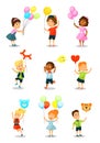 Cute happy kid with balloons, little boys and girls holding colorful balloons of different shapes vector Illustration on Royalty Free Stock Photo