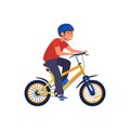 Cute happy kid boy in safety helmet riding a bicycle a flat vector illustration. Royalty Free Stock Photo