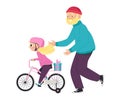 Cute happy kid girl in pink safety helmet riding a bicycle a vector illustration Royalty Free Stock Photo