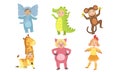 Cute Happy Kids Dressed Animal Costumes Set, Elephant, Crocodile, Monkey, Giraffe, Pig, Chicken Vector Illustration Royalty Free Stock Photo