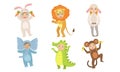 Cute Happy Kids Dressed Animal Costumes Set, Elephant, Crocodile, Monkey, Rabbit, Bunny, Lion, Sheep Vector Illustration Royalty Free Stock Photo