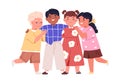 Cute happy kids hugging, smiling, standing together. Diverse children group portrait. Excited joyful little girls and Royalty Free Stock Photo