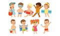 Cute Happy Kids Playing, Swimming and Having Fun at the Beach on Summer Vacation Vector Illustration Royalty Free Stock Photo