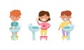 Cute happy kids daily routine set. Children washing their hands with soap and brushing their teeth cartoon vector