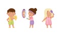 Cute happy kids daily routine set. Little girls and boy wiping with towel, applying cream on face and combing hair