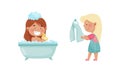 Cute happy kids daily routine set. Little girls taking bath and wiping hands with towel cartoon vector illustration