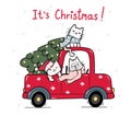 Cute happy kitten cat with Christmas tree on red truck car, cartoon doodle clipart flat vector, for greeting card, gift, print