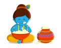 Cute happy krishna eating butter cartoon