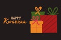 Cute Happy Kwanzaa greeting card with gift boxes. African American heritage holiday. Vector illustration. Joyous Kwanza.