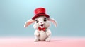 Cute, happy, laughing bunny rabbit with red hat isolated on pastel pink and blue background