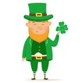 Cute and happy leperchaun with clover. St.Patrick 's Day. Vector Illustration on a white background