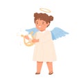 Cute happy little angel with halo and wings playing music on lyre. Smiling girl holding string instrument. Childish Royalty Free Stock Photo