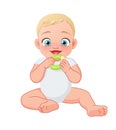 Cute happy little baby biting teether. Vector illustration isolated on white background.
