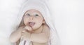Cute happy little baby in white towel Royalty Free Stock Photo