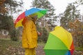 Cute happy little boy and a girl - brother and sister - in identical yellow costumes and hats walking in the forest with rainbow- Royalty Free Stock Photo