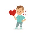 Cute happy little boy holding red heart, Happy Valentines Day concept, love and relationships vector Illustration Royalty Free Stock Photo