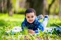 Cute happy little boy lying in green grass on spring Royalty Free Stock Photo