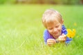 Cute happy little boy lying in green grass on spring Royalty Free Stock Photo