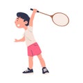 Cute happy little boy playing tennis. Smiling child with racket training on court cartoon vector illustration Royalty Free Stock Photo