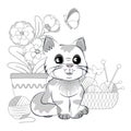 Cute happy little cat for coloring book page. Balls of yarn, flowers in a flower pot, knitting needles, butterfly. Royalty Free Stock Photo