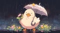 cute happy little duckling smiling and holding an umbrella, manga artwork