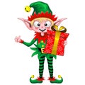 Elf Cute and Happy Cartoon Character Holding a Christmas Gift Box Vector Illustration isolated on white Royalty Free Stock Photo