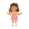 Cute happy little girl with disappointed face expression. Brunette girl dressed yellow t-shirt and pink sundress