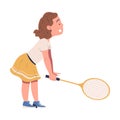 Cute happy little girl playing tennis. Side view of smiling kid with racket training on court cartoon vector Royalty Free Stock Photo