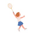 Cute happy little girl playing tennis. Smiling child with racket training on court cartoon vector illustration Royalty Free Stock Photo