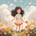 Cute happy little girl smiling in flower field. Springtime children illustration Royalty Free Stock Photo