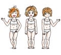 Cute happy little girls posing in white underwear. Vector set of Royalty Free Stock Photo