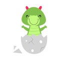 Cute Happy Little Green Dragon Sitting in Eggshell, Funny Baby Dinosaur, Fairy Tale Character Cartoon Style Vector Royalty Free Stock Photo