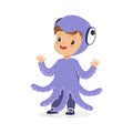 Cute happy little kid dressed as a purple octopus, carnival costume vector Illustration Royalty Free Stock Photo