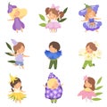 Cute Happy Little Kids Wearing Flowers Costumes Set, Adorable Boys and Girls in Carnival Clothes Vector Illustration