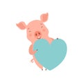 Cute happy little pig with light blue heart, funny piglet cartoon character vector Illustration on a white background Royalty Free Stock Photo