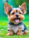 Cute and happy little yorkshire terrier dog smiling to the camera