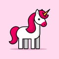 Cute happy magic unicorn with pink mane, Simple flat line doodle icon. Cute magic cartoon fantasy cute animal. Vector