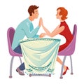 Cute happy loving couple of woman and man sitting in the cafe and holding hands. Vector illustration in flat cartoon Royalty Free Stock Photo