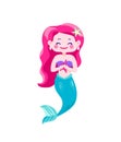 Cute happy mermaids with pink hair and blue tail, hold in hand starfish. Character cool design. Sea ocean theme. Vector Royalty Free Stock Photo