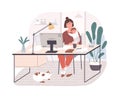 Cute happy mother holding her infant baby, sitting at desk and working on computer at home. Female freelance worker with