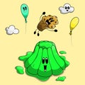 Cute happy muffin jumping on adorable green jelly.