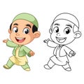 Cute Happy Muslim Boy Present Something with Line Art Drawing, Children, Vector Character Illustration Mascot in Isolated White