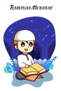 Cute and happy Muslim boy reading a Koran at Ramadan Kareem cartoon illustration