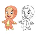 Cute Happy Muslim Girl Wearing Hijab with Line Art Drawing, Children, Vector Character Illustration Mascot in Isolated White