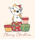 Cute happy naughty calico kitten cat sitting on stacked of gift present boxes, meowy Christmas cartoon animal character hand