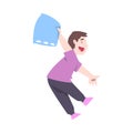 Cute Happy Naughty Little Boy Running with Pillow Cartoon Style Vector Illustration