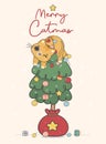 Cute happy naughty orange ginger kitten cat hanging on Christmas decorated pine tree, merry catmas, cartoon animal character hand
