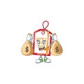 Cute happy new year tag cartoon character smiley with money bag Royalty Free Stock Photo