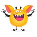 Cute happy orange monster laughing excited. Vector illustration of furry round troll.
